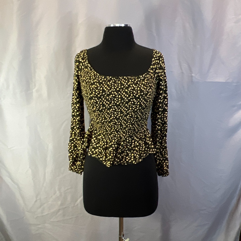 Hollister California Crop Blouse Womens Small Black Yellow Floral Smocked Bodice